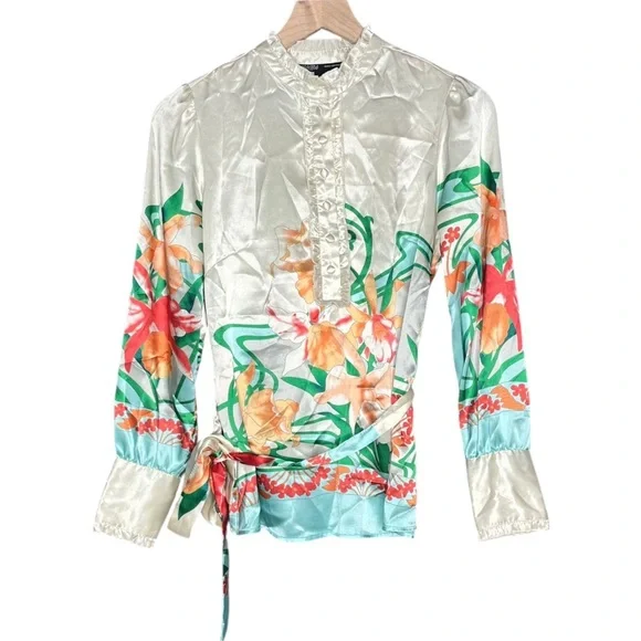 Hale Bob Floral Satin Blouse Size XS Removable Belt Tropical - Picture 1 of 4